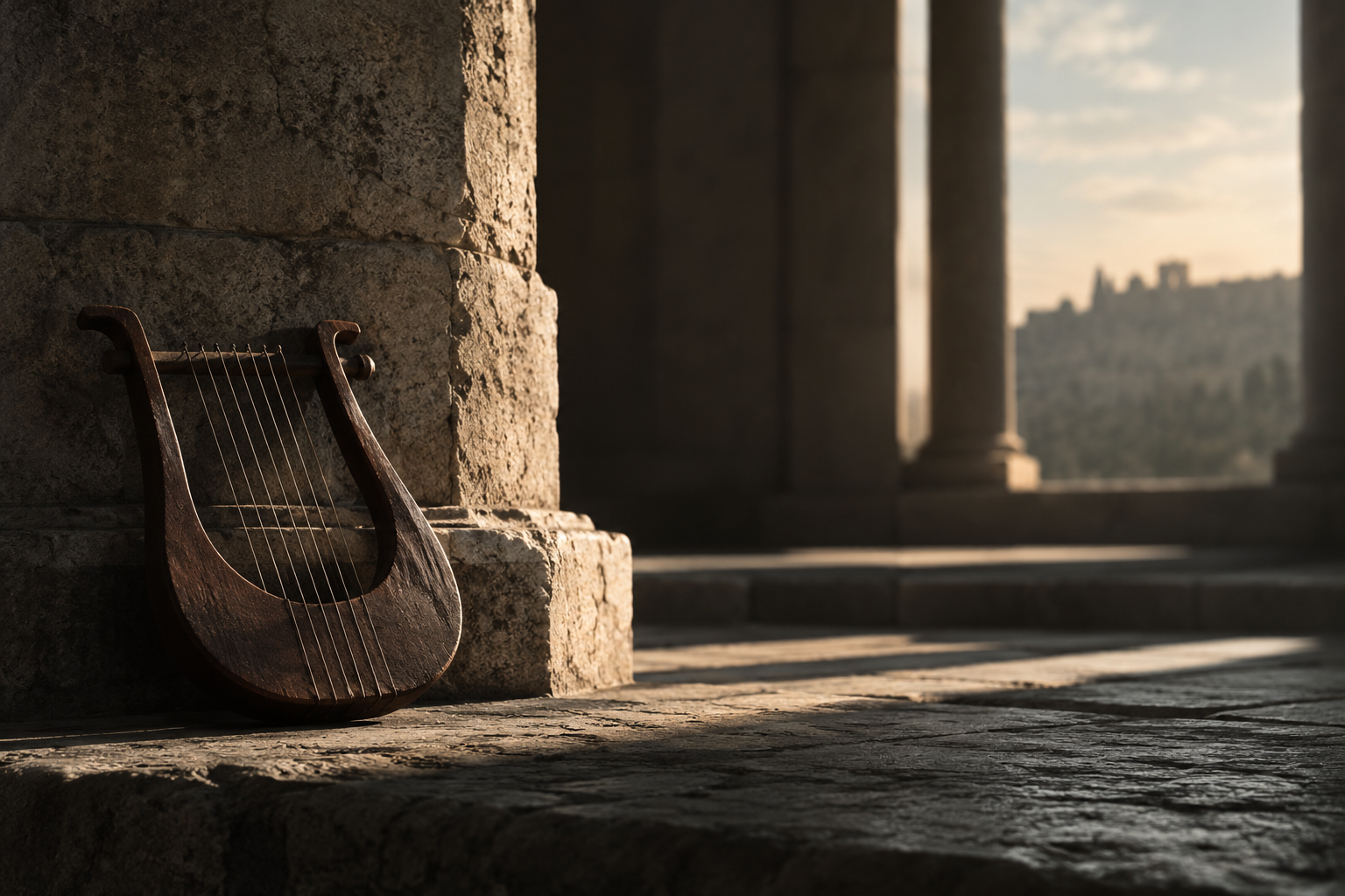 An ancient lyre resting against a stone wall in warm light